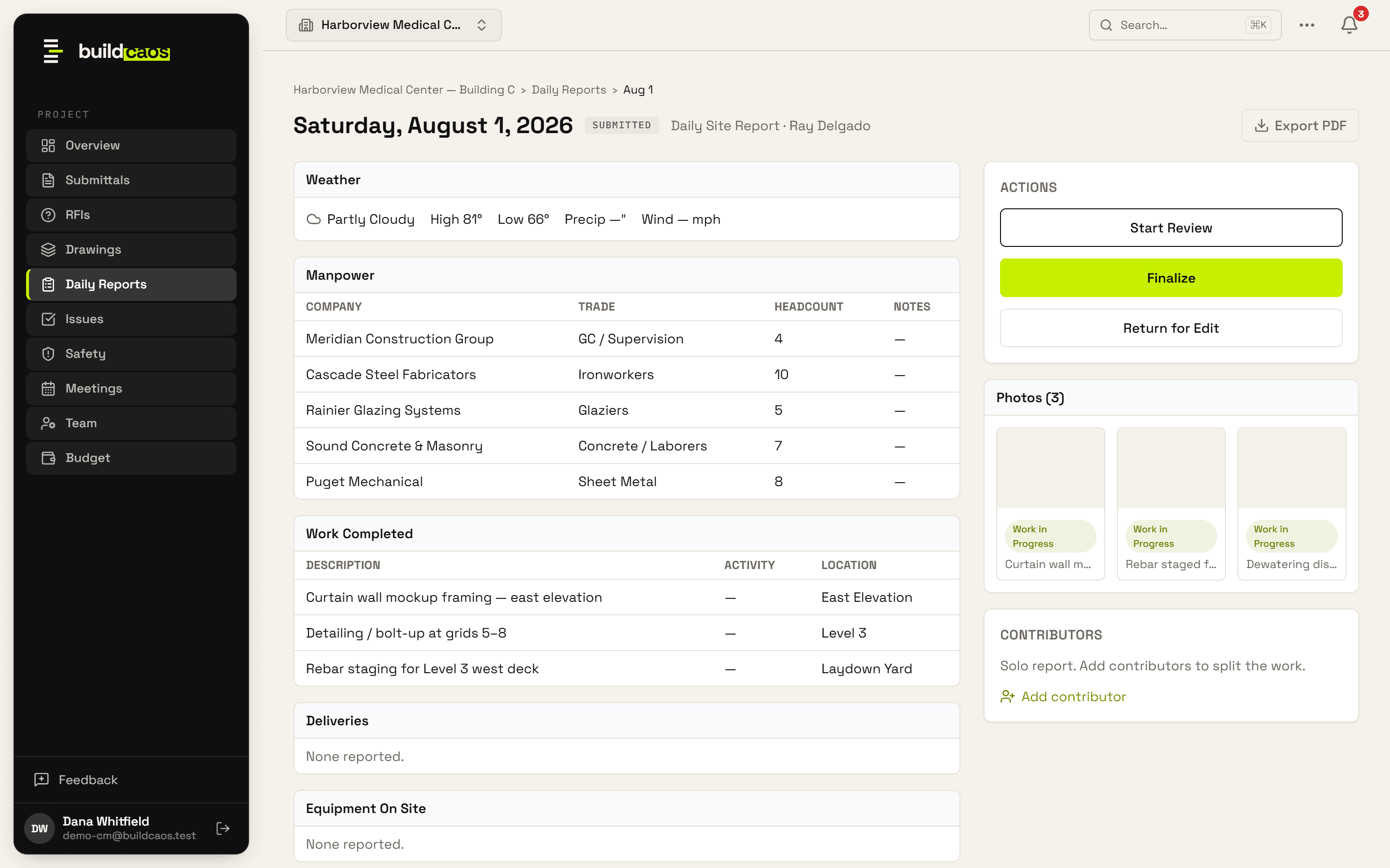 Daily report with weather, manpower by company, and work performed