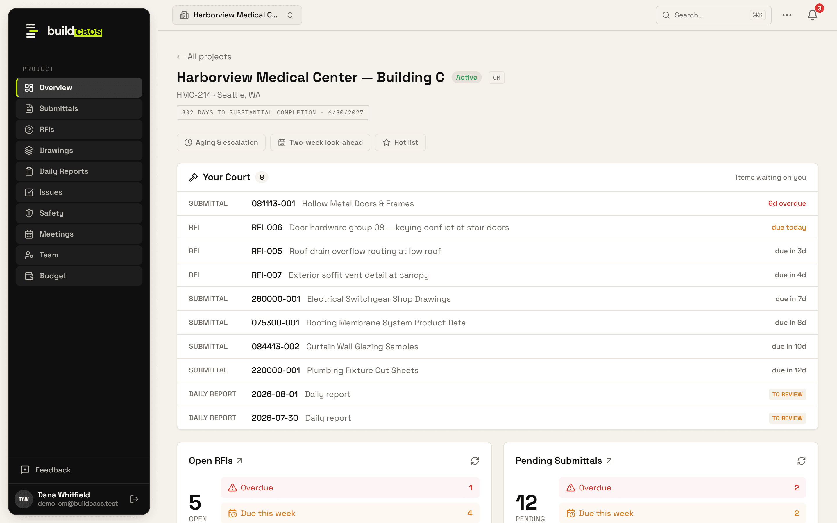 BuildCAOS dashboard — the My Court list showing items awaiting the construction manager