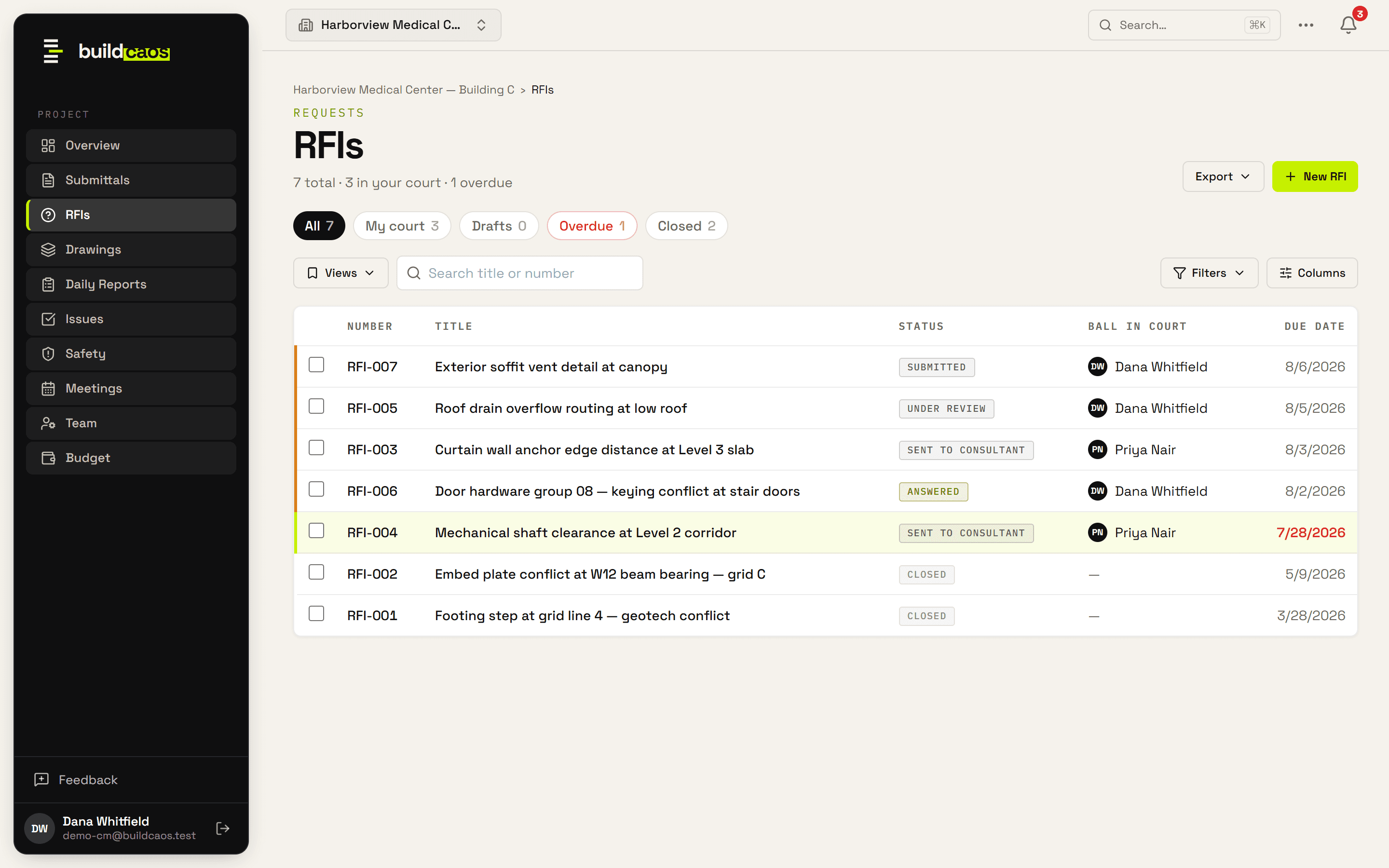 RFI log showing open and answered RFIs with ball-in-court