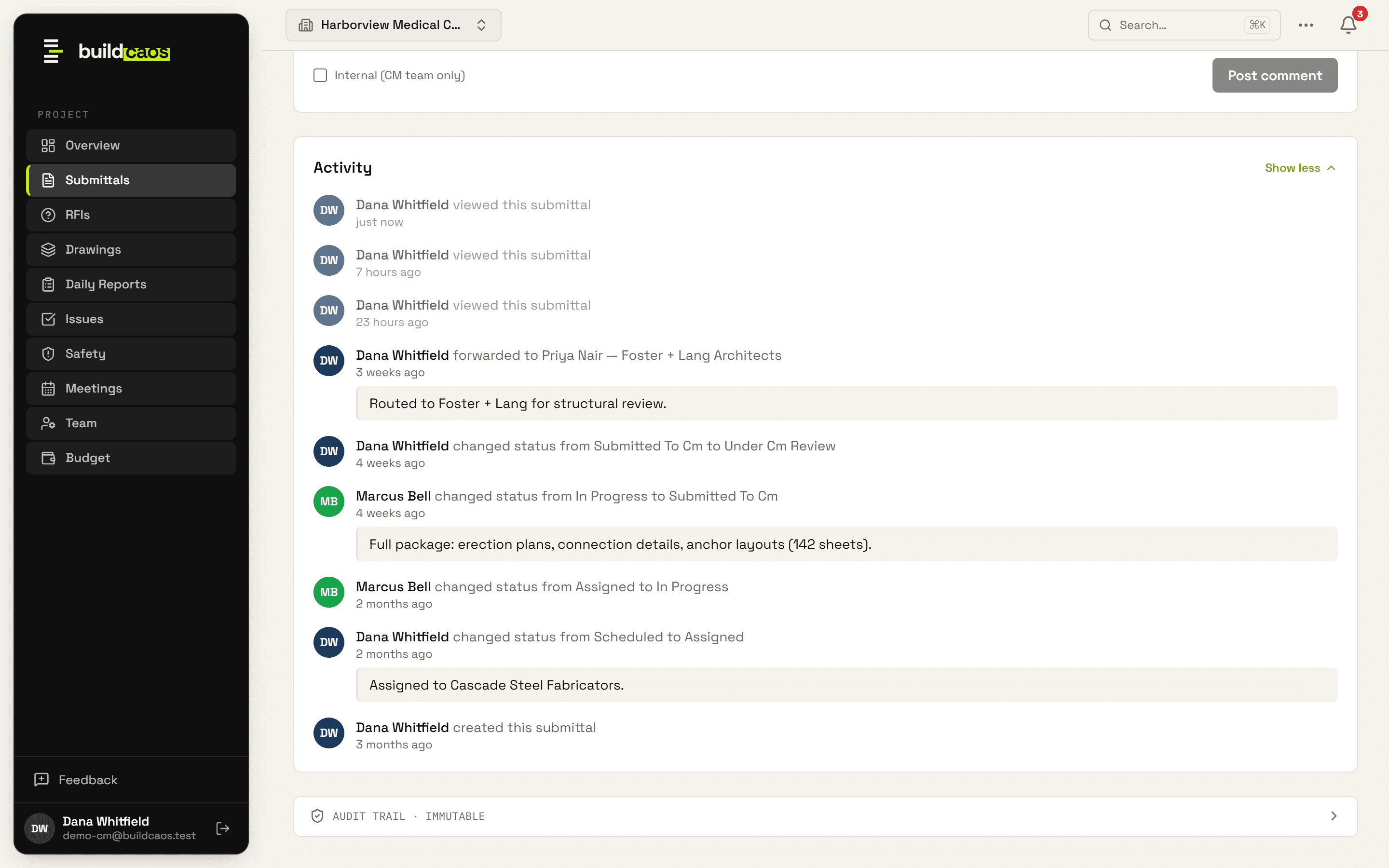 Submittal detail page showing the workflow timeline and ball-in-court