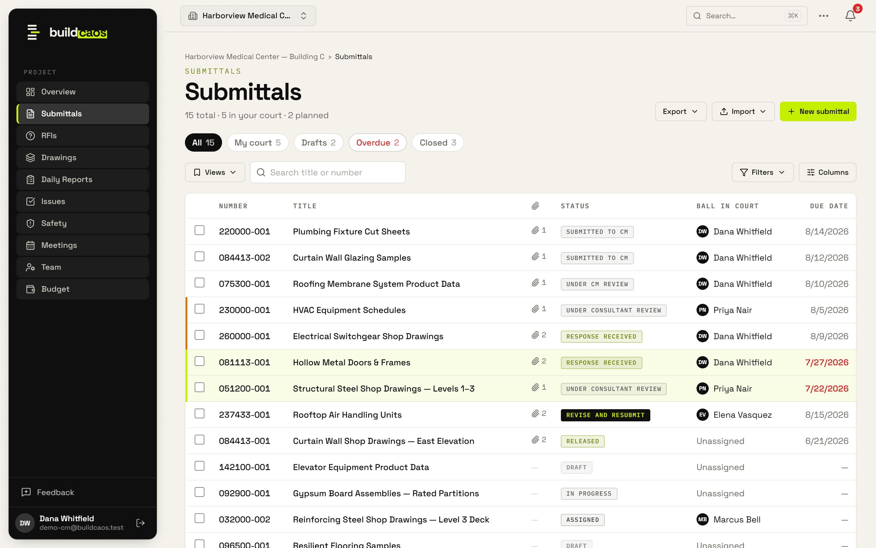 Submittal log with spec-numbered items across workflow states, the overdue row flagged